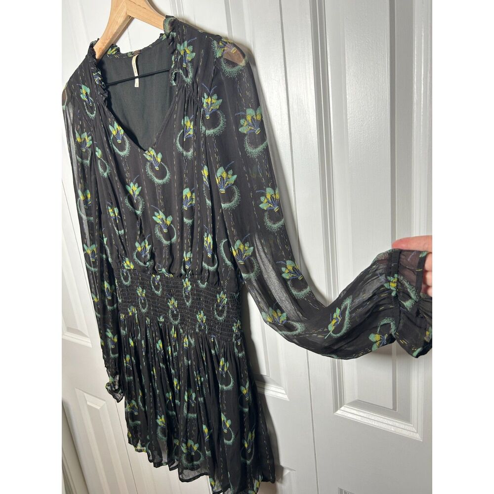 Free People Wild Horses Peacock Print Mini Dress Black Chiffon Smocked Size S